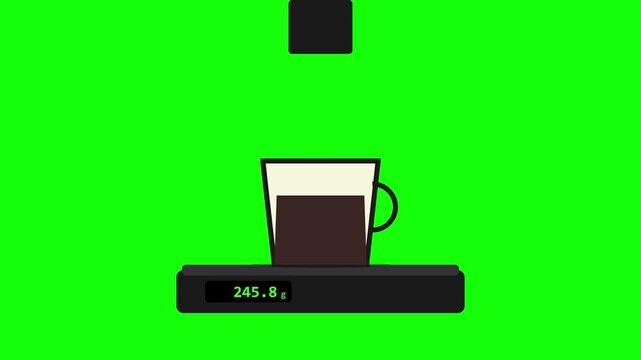 Flat animation icon of a coffee mug filled with dark liquid sitting on a digital kitchen scale displaying 245.8 grams, isolated on a bright green screen background for chroma key compositing.