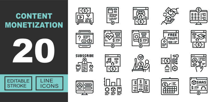 Content Monetization Web Icon Set in Linear Style. Collection of digital revenue line icons, including money, video, game, web, chart, pay, screen, user, calendar, cash, and more. Editable stroke