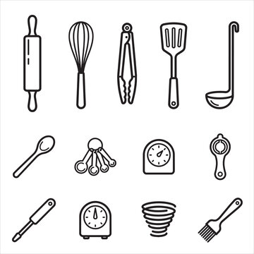 Collection of line style kitchen utensils and measuring tools against a white background baking cookware