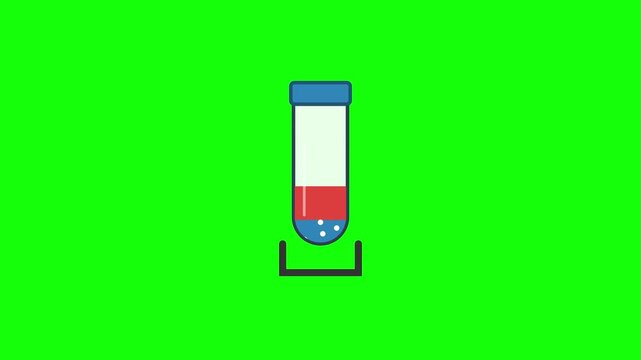 Scientific test tube icon animation featuring blue and red liquid substances with bubbles inside glass laboratory equipment, isolated on a green screen background for video editing.