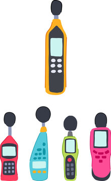 Group of stylized sound level meters in various colors, illustrating the concept of acoustic measurement, noise pollution control, and audiology equipment