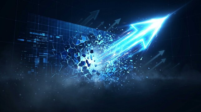 Glowing digital arrow breaks through glass wall representing financial breakthrough economic growth business success and market expansion