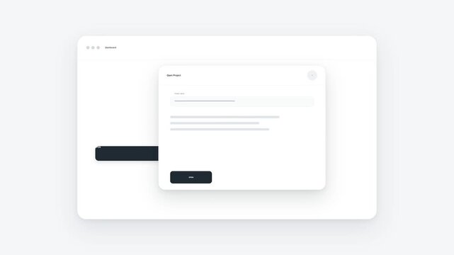 Minimalist user interface design featuring a clean white browser window with a pop-up modal dialog box and dark accent buttons