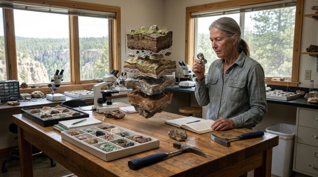 Professional geologist examining rock samples with a magnifying glass in a bright workshop filled with geological specimens
