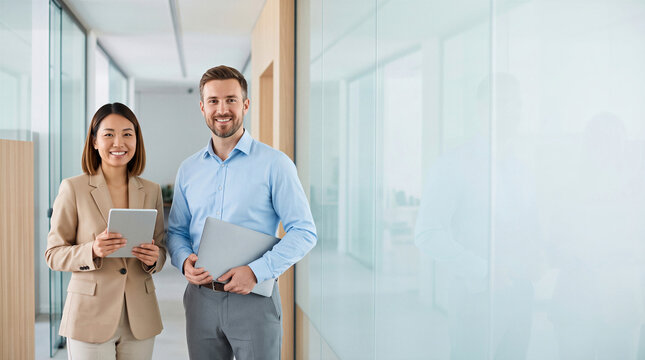 Portrait of two smiling business professionals standing in a modern office hallway holding a laptop and tablet