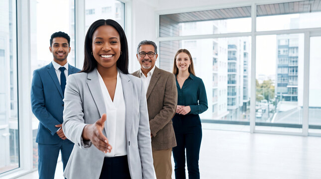 Confident Afircan American businesswoman offering a handshake while standing with diverse corporate team