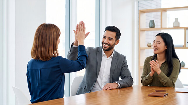 Happy diverse business team giving a high five and celebrating success during a meeting in a bright modern office