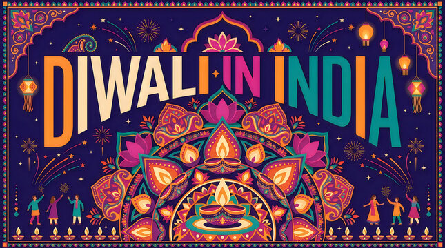 Diwali Celebration Poster with People and Traditional Lamps.