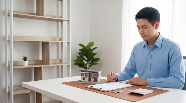 Male real estate agent signing a property contract at a desk with a house model and keys in a bright office