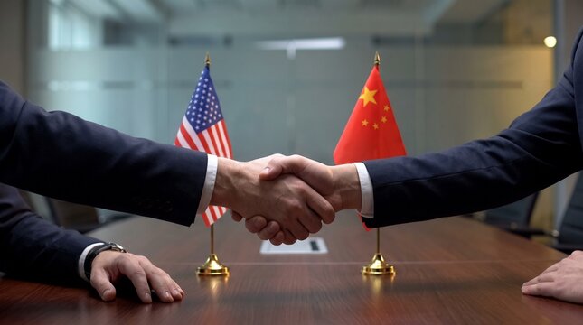 Businessmen shaking hands in front of American and Chinese flags in a conference room.