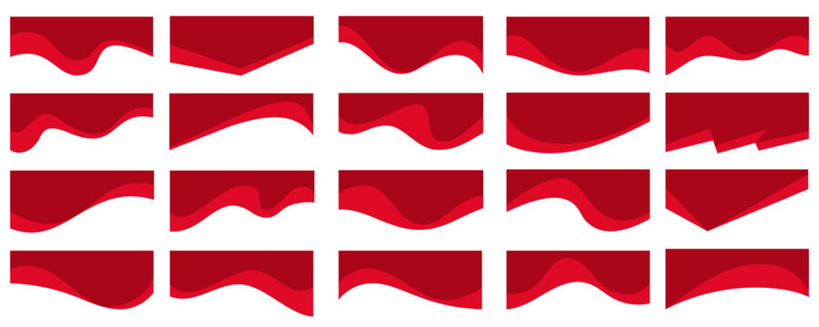 Wavy vector shapes for banner design. Abstract red curved dividers and borders set on white background. Page header and separator for web templates and headlines.