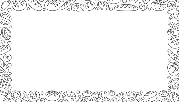 Monochrome line art frame border filled with various baked goods like loaves of bread, croissants, pretzels, and rolls, on a white background, perfect for bakeries.