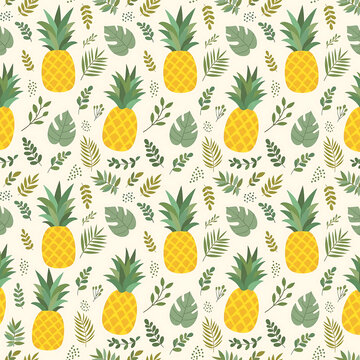Seamless pattern with pineapple tropical yellow green on cream flat vector exotic summer perfect for textile wallpaper wrapping paper fabric packaging beach.