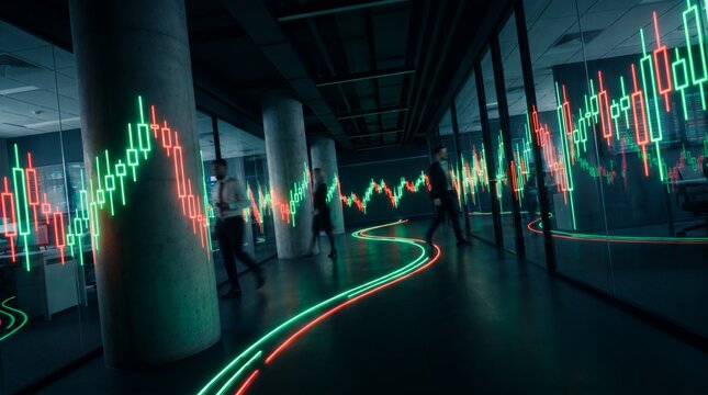 Dark Financial Corridor with Candlestick Chart Light Streaks