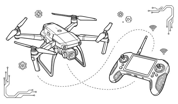 Drone With Remote Controller Line Art Vector, Hand Drawn Quadcopter Technology Wireless Connection Illustration