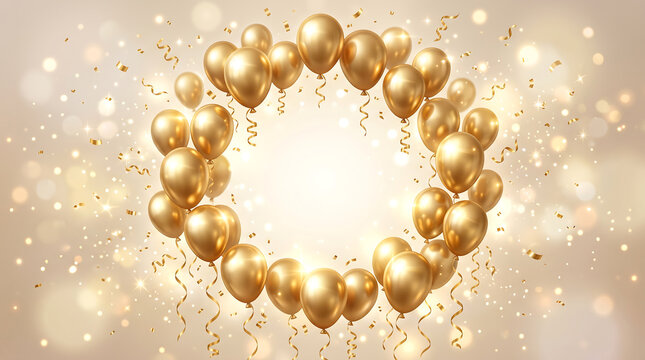 Shimmering metallic gold balloons arranged in a circular frame with swirling confetti and festive bright lights