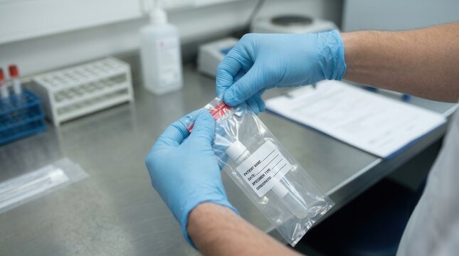 Close-up of gloved hands sealing a medical specimen bag in a laboratory setting, preparing for analysis or transport.