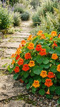Vibrant Nasturtium Flowers Blooming Along a Stone Garden Path.