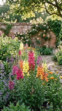 Vibrant Foxglove Flowers Blooming in a Sunlit English Garden Path.