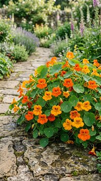 Vibrant Nasturtium Flowers Blooming Along a Stone Garden Path.
