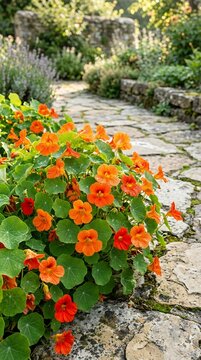 Vibrant Orange Nasturtiums Blooming Along a Stone Garden Path.