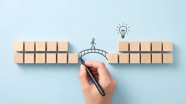 Hand drawing a bridge between wooden blocks with a stick figure and glowing light bulb idea