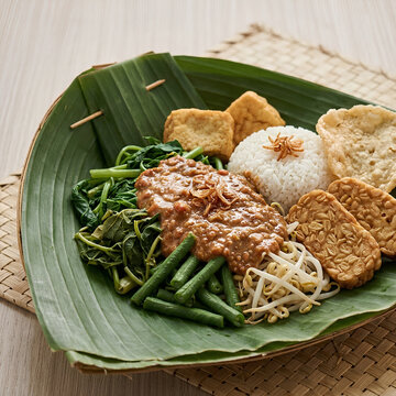 Traditional Indonesian Nasi Campur Meal Served on Banana Leaf 2.