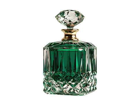 Vintage emerald green crystal perfume bottle with a diamond shaped stopper on white background