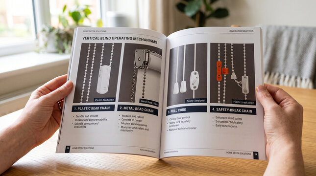 A close-up shot of a person's hands holding open an instruction manual detailing the operation of vertical blinds, with clear diagrams and step-by-step instructions.