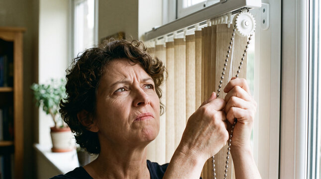 A woman struggling to operate a window blind, her brow furrowed in concentration and frustration, suggesting a relatable everyday challenge.