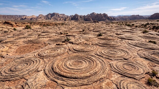 Unique sandstone rock formations showing circular patterns across the arid desert floor under bright blue sky