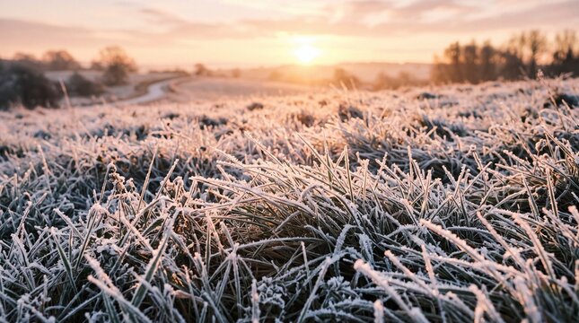 Frost covered grass blades glisten in soft morning golden light during a cold winter sunrise landscape
