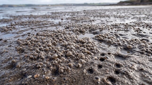 Numerous small air bubbles resting on the wet sandy surface of a beach at low tide