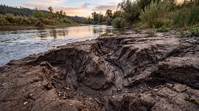 Cracked dry mud shoreline foreground overlooks a calm flowing river during a serene golden sunset evening