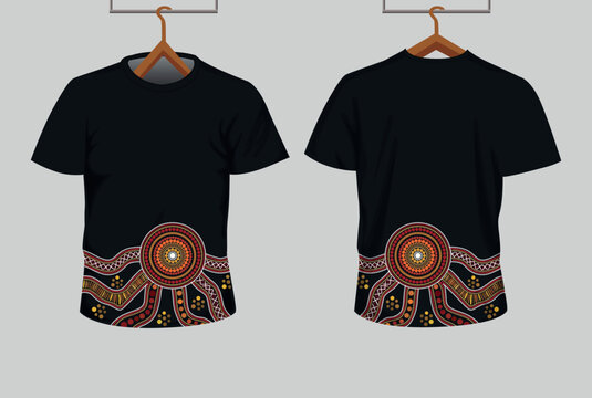 Black T-shirt decorated with an eye-catching Aboriginal-inspired dot artwork pattern