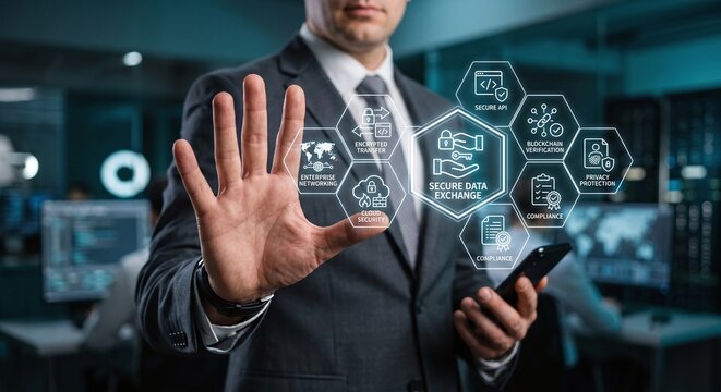 Cybersecurity professional holding a holographic secure data exchange and encrypted transfer dashboard.