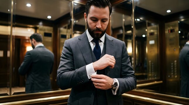 Professional businessman fixing cufflinks inside a luxury hotel elevator