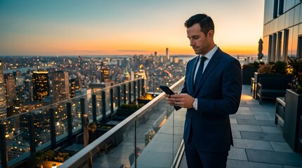 Obraz premium Professional businessman using a smartphone on a city rooftop at sunset