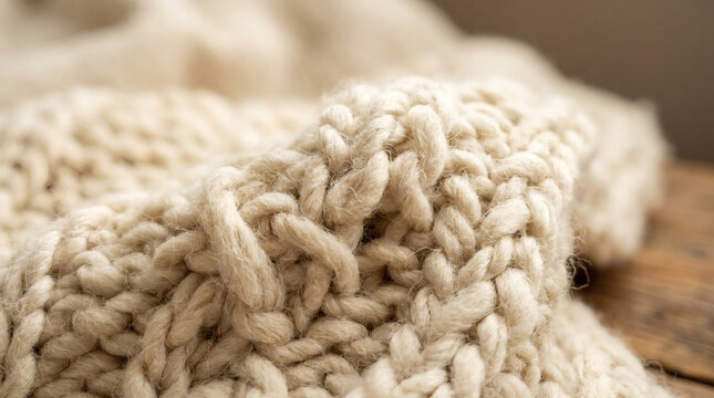 Close-up of a soft, chunky cream knitted wool fabric with intricate cable knit pattern, showcasing warmth, texture, and cozy comfort.