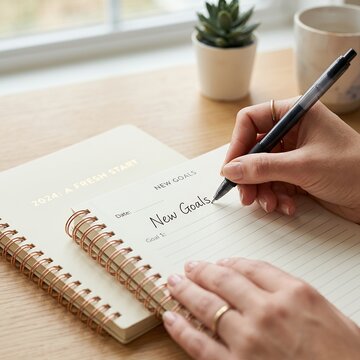 Woman writing new goals in a notebook with a pen and coffee cup on desk.