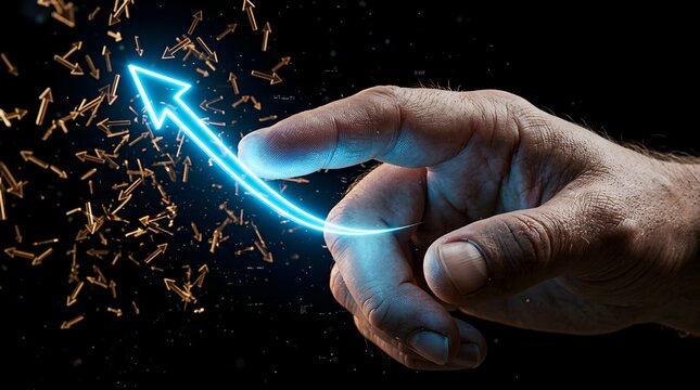 Close-up of human finger touching a glowing blue hologram arrow pointing upwards, representing growth, digital success, and futuristic technology innovation on a dark background.