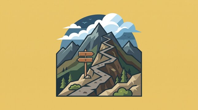 Rocky Mountain Hiking Trail Icon on Pastel Background &ndash; Steep Outdoor Path with Trail Signs and Dramatic Peaks for Adventure Concepts