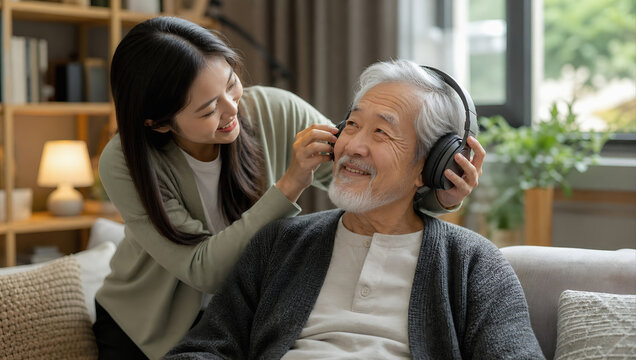 Senior man headphone young woman caregiver family bonding home living room smile support aging comfort listening music