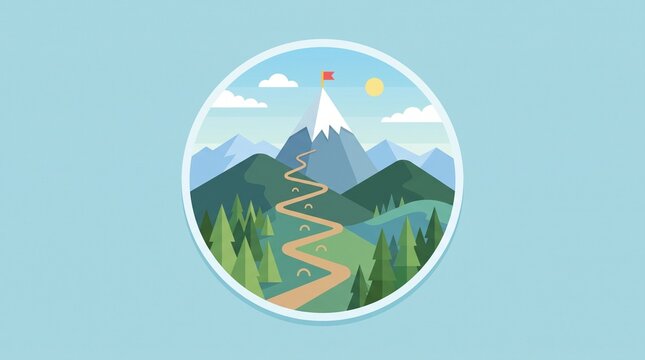 Mountain Hiking Trail Icon on Pastel Background &ndash; Winding Path Leading to Snowy Summit with Pine Trees for Adventure and Travel Themes