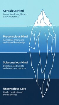 Educational infographic illustration of the iceberg theory model showing conscious, preconscious, subconscious, and unconscious mind levels