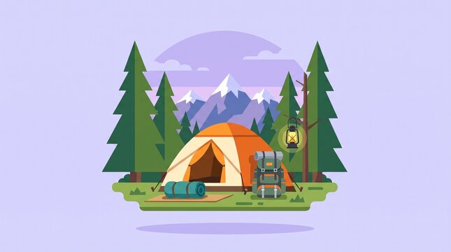 Mountain Hiking Campsite Icon on Pastel Background &ndash; Tent, Backpack and Lantern Surrounded by Alpine Peaks for Outdoor Adventure Themes