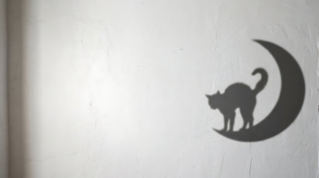 Black cat silhouette perched on a crescent moon decal against a white textured wall interior backdrop