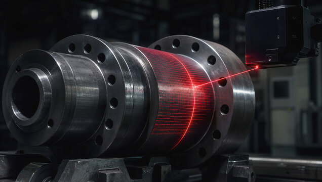 Industrial metal cylinder under red laser scanning in dark manufacturing workshop