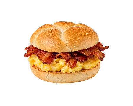 Bacon and egg sandwich on a toasted roll with fluffy scrambled eggs and applewood smoked bacon on transparent background