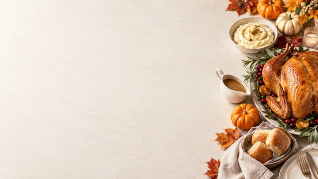 Festive thanksgiving dinner table with roasted turkey mashed potatoes and autumn decorations for holiday feast